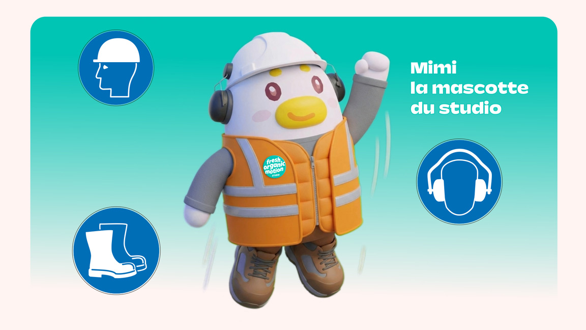 Mimi Koloa, mascotte du studio Fresh Organic Motion, habillée avec des EPI comme les chaussures de sécurité, le casque de chantier et le casque antibruit. il porte aussi un gilet de sécurité orange