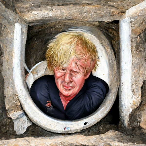 Portrait de Boris Johnson en mauvaise posture, généré par Midjourney une intelligence artificielle
