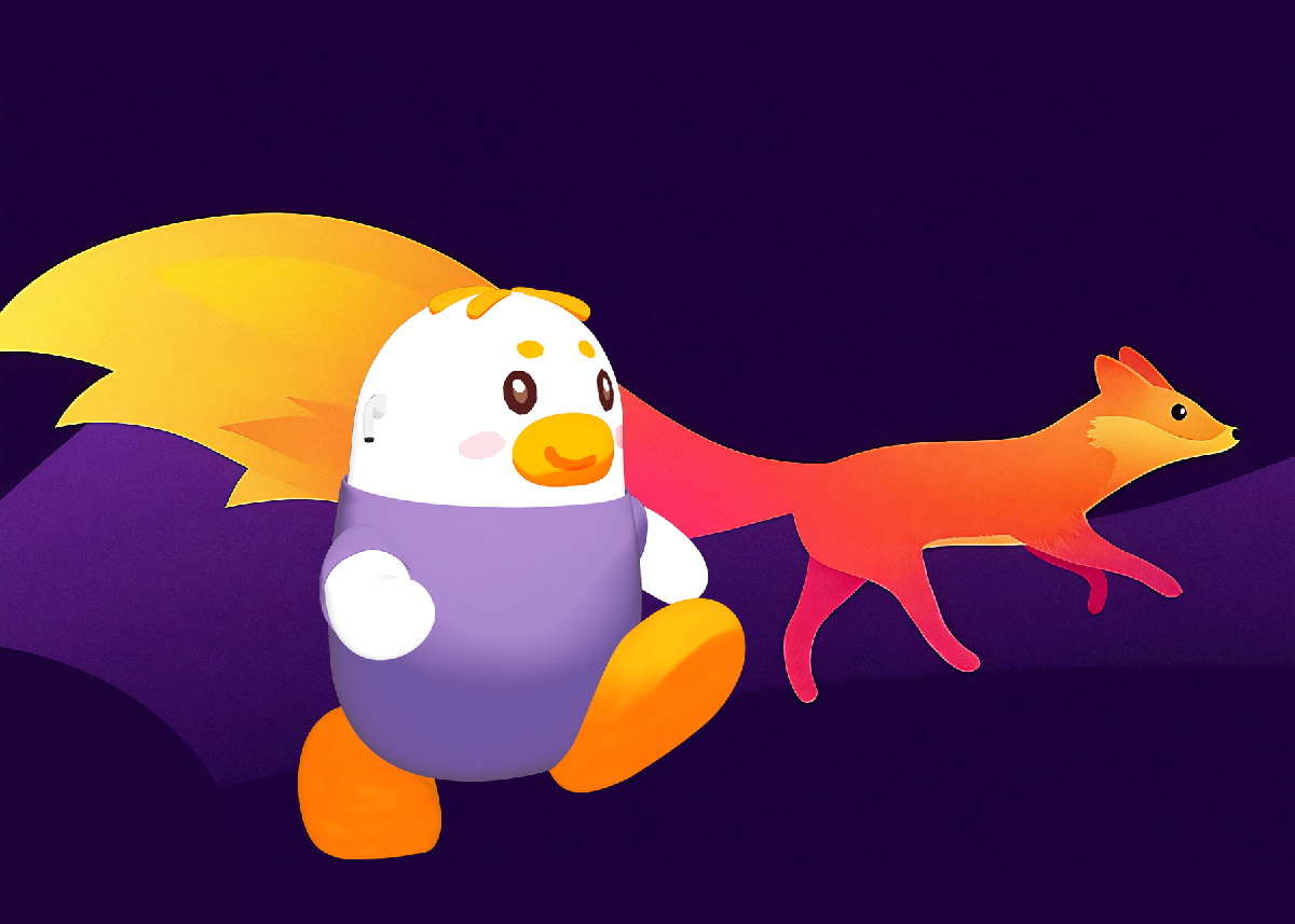 21:47Mimi Koloa, mascotte du studio Fresh Organic Motion, aux côtés de Kit la mascotte de Firefox, deux personnages de marque qui incarnent les valeurs de leur entreprise