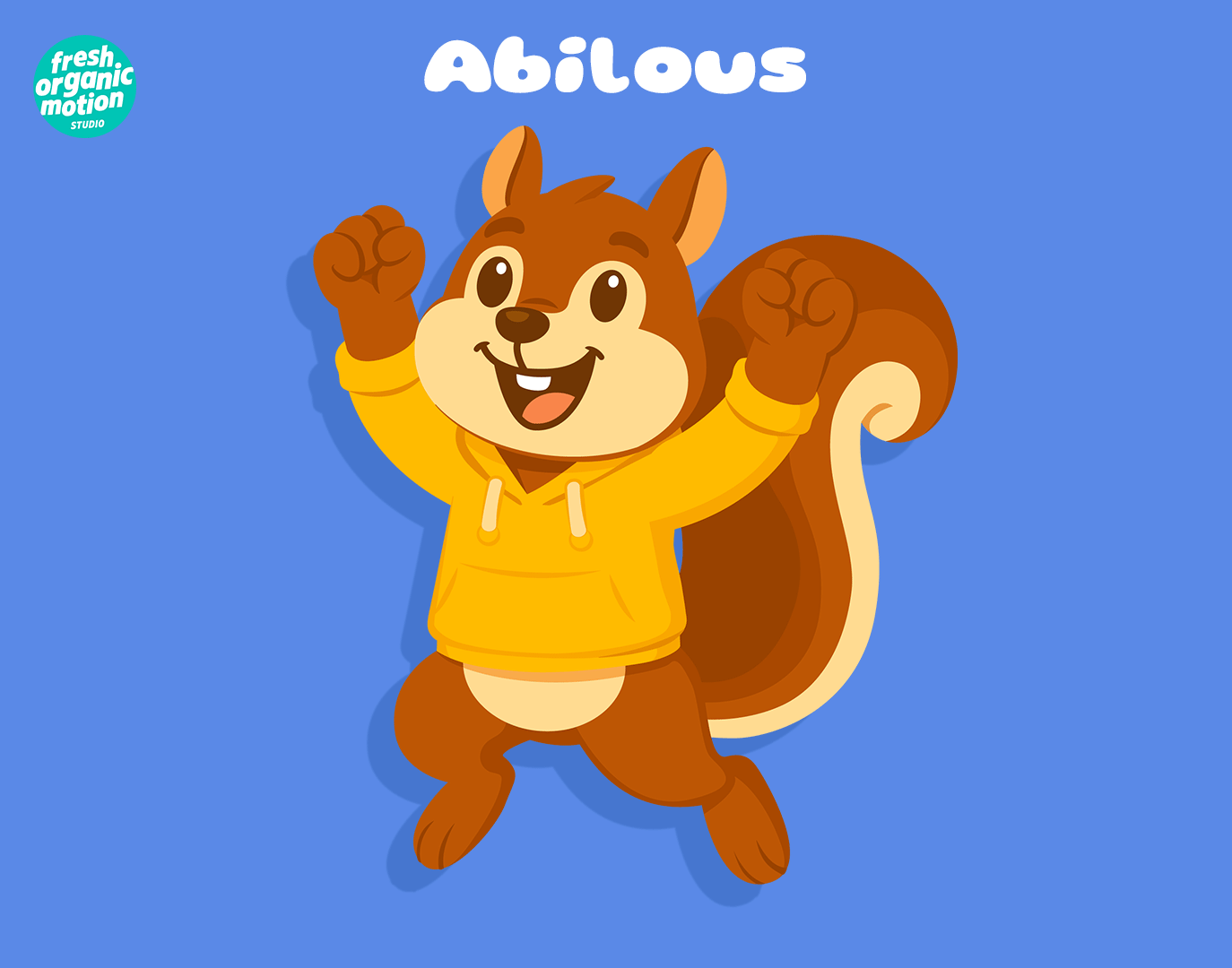 Mascotte d'une plateforme éducative nommée Abilous. C'est un écureuil avec un hoodie jaune.