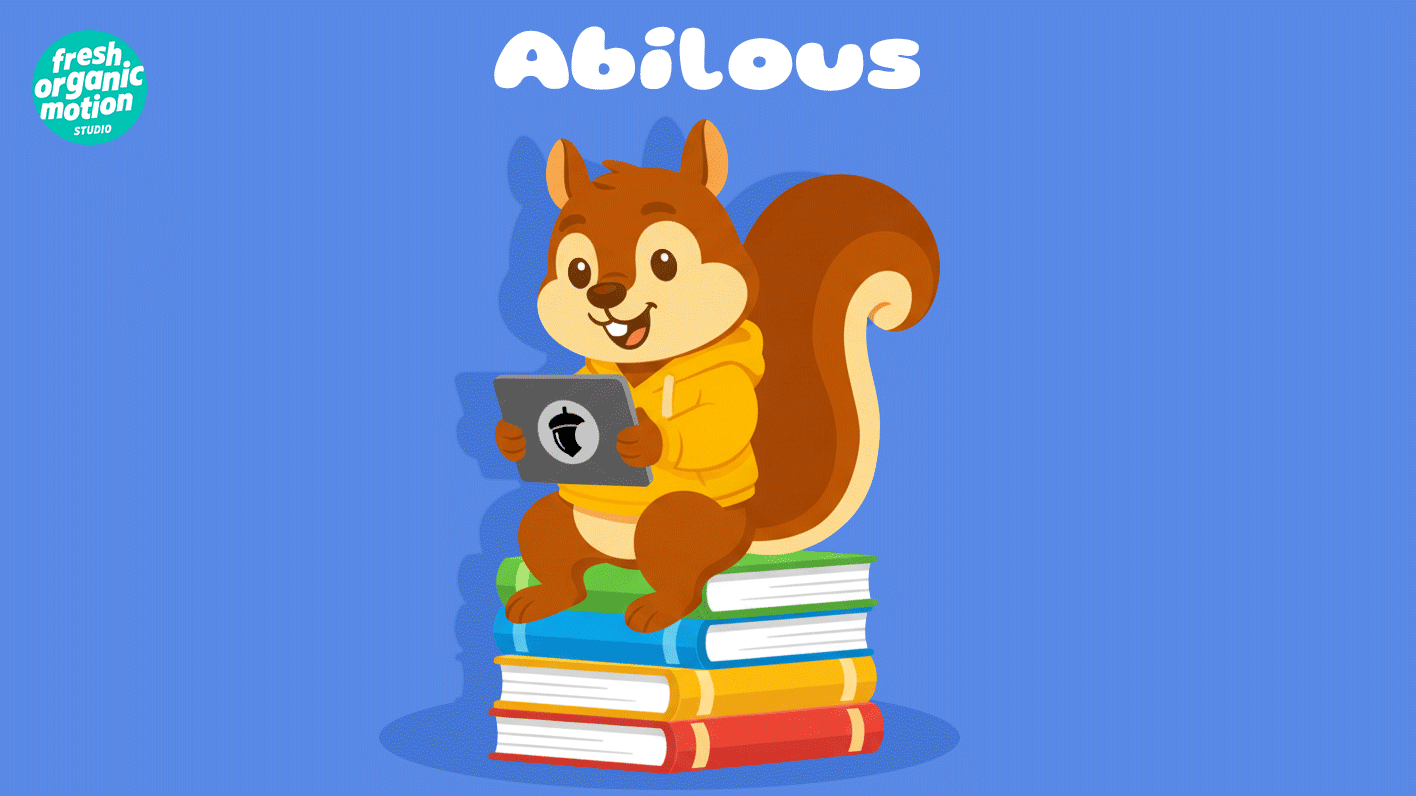 Mascotte d'une plateforme éducative nommée Abilous. C'est un écureuil avec un hoodie jaune.