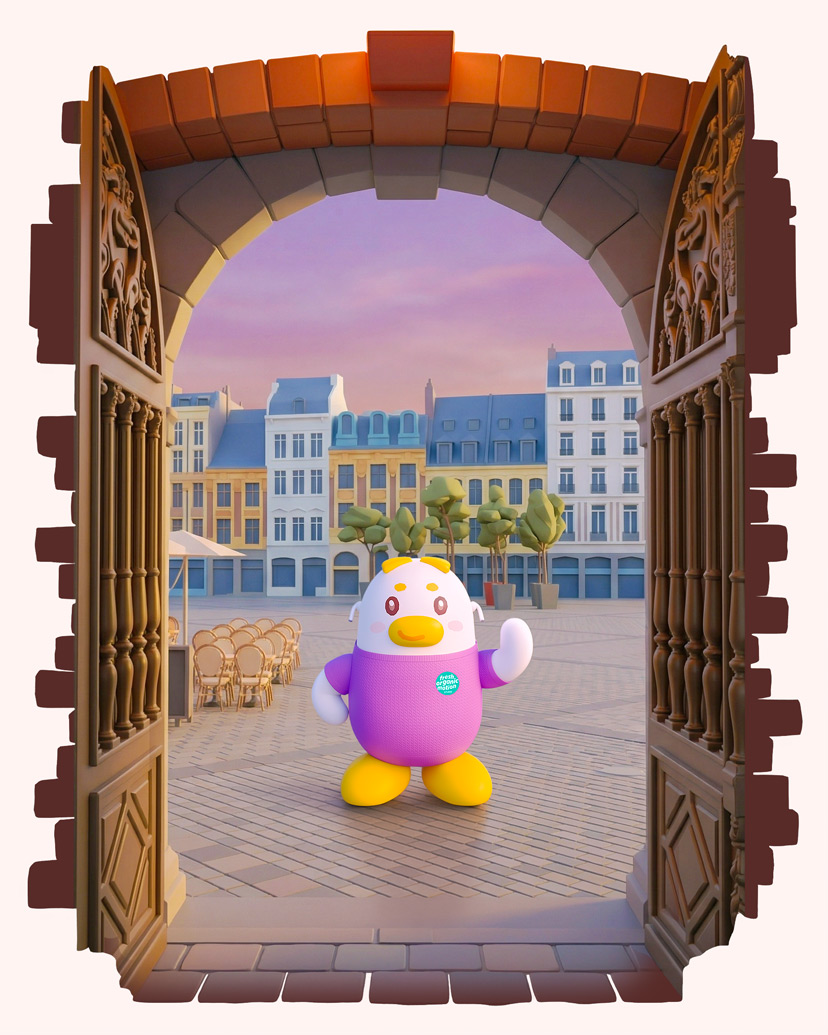 Une mascotte 3D en forme de poussin anthropomorphe, portant un pull violet, saluant devant la Grand Place de Lille vue à travers une arche en briques.