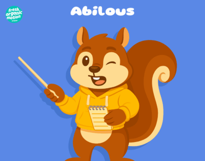 Mascotte d'une plateforme éducative nommée Abilous. C'est un écureuil avec un hoodie jaune.