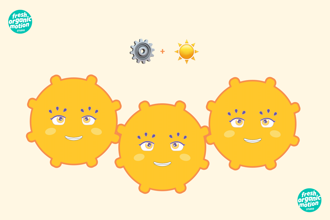 Proposition d'un concept de trio de mascottes avec des têtes en formes d'engrenages ludiques.