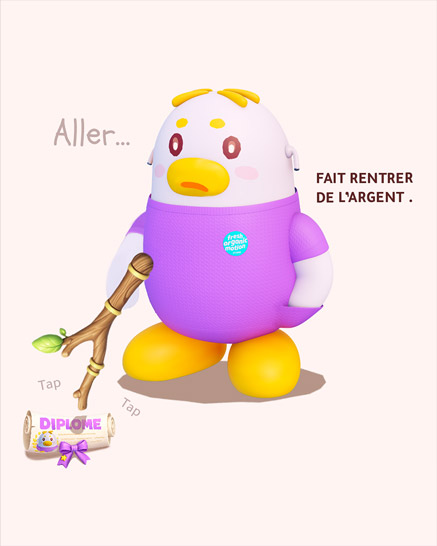 Mascotte Mimi Koloa dépitée, tenant un bâton au-dessus d'un diplôme avec les textes "Aller..." et "FAIT RENTRER DE L'ARGENT ." sur fond rose clair.