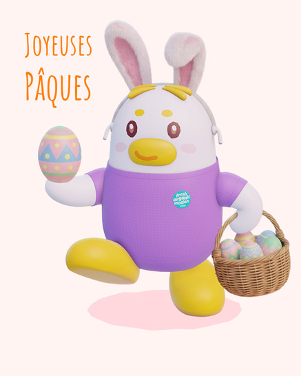 Une mascotte 3D en forme d'œuf anthropomorphe (Mimi Koloa) avec des oreilles de lapin, un pull violet et des pieds jaunes, marchant joyeusement tout en tenant un œuf décoré et un panier d'œufs de Pâques. Le texte « Joyeuses Pâques » est visible en haut à gauche.