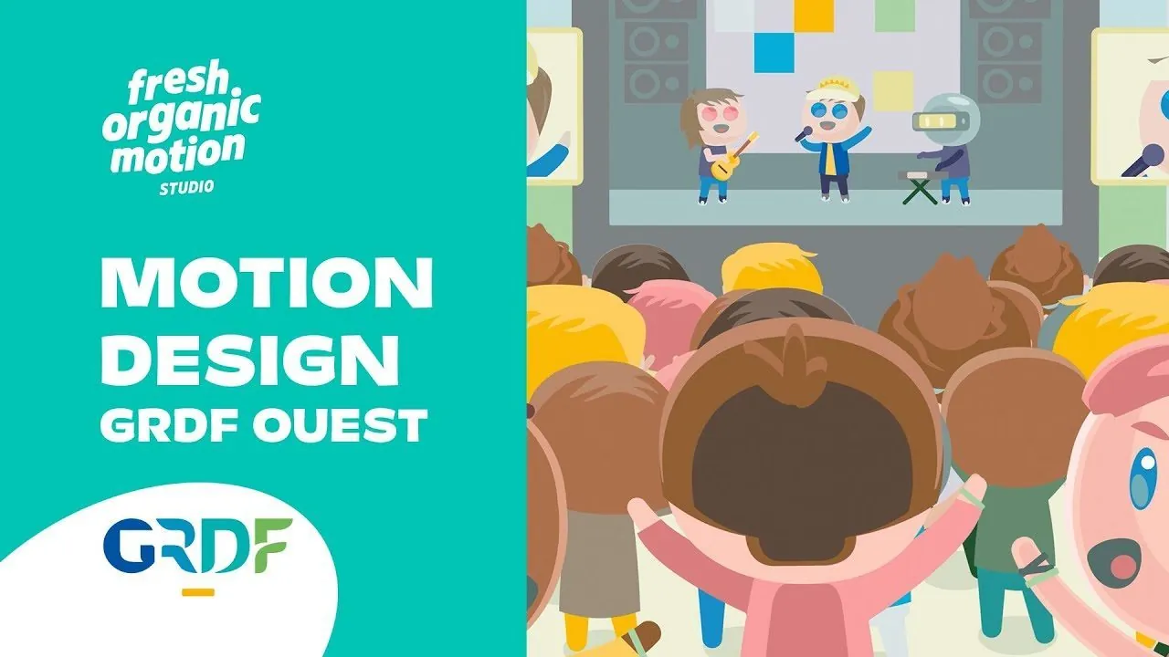Personnages illustrés devant une scène de festival, extrait de la vidéo motion design réalisée pour GRDF Ouest sur les biodéchets transformés en gaz vert