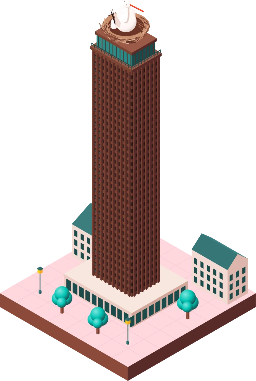 La tour Bretagne et la cigogne du Nid, Nantes, en illustration isométrique